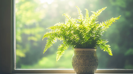 A bunch of fern leaves in a vintage vase on a windowsill, with soft natural light streaming through the windowの素材