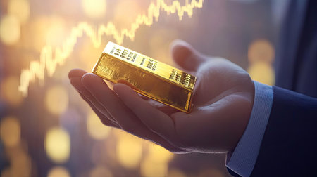 A businessman's hand holding a shining gold bar, with a blurred financial graph in the backgroundの素材