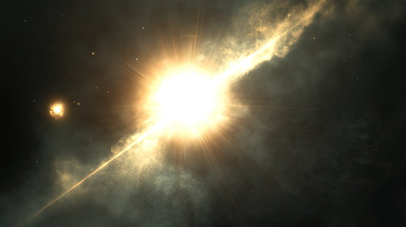 A bright lens flare effect resembling a star, with glowing orbs and light beams piercing through a cosmic mistの素材