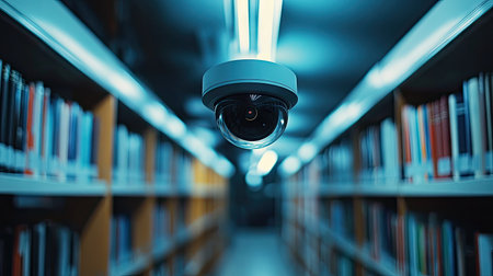 A CCTV camera mounted in the ceiling of a library, monitoring the area while maintaining a calm atmosphereの素材