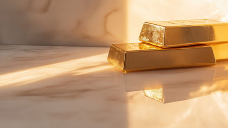 A close-up of gold bars stacked on a white marble surface, reflecting warm light in a minimalist settingの素材