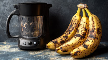 A bunch of overripe bananas with dark spots on the peel, placed next to a blender for making smoothiesの素材
