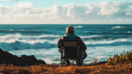 A camper sitting on a chair by the ocean, watching the waves and enjoying the peaceful atmosphereの素材