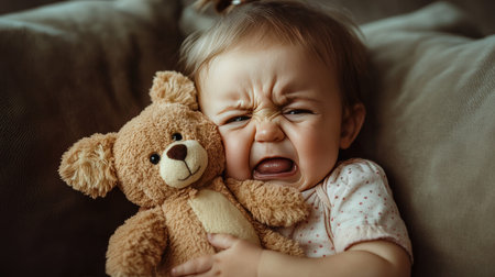 A close-up of a baby girl crying, clutching her stuffed animal tightly for comfortの素材