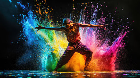 A dancer surrounded by splashes of colorful paint mid-performance, with vibrant energy and motionの素材