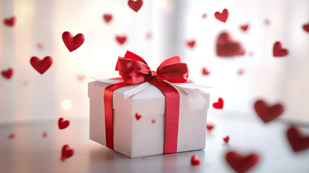 Gift box wrapped in white paper and tied with a red bow, surrounded by floating red hearts.の素材