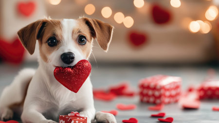 Dog holding a small Valentine's Day gift in its mouth, sitting in a room filled with hearts.の素材