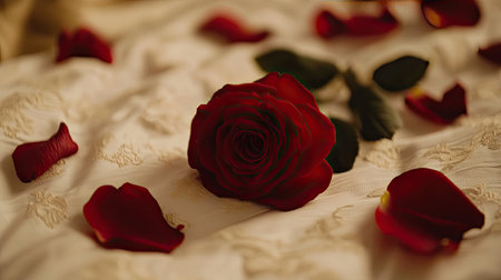 A close-up of a red rose lying on a white bed with rose petals scattered around it, setting a romantic mood for a honeymoonの素材