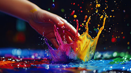 A child's hand splashing vibrant paint onto a blank canvas, symbolizing creativity and playの素材