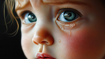 A close-up of a baby girl's tearful face, her bottom lip trembling with emotionの素材