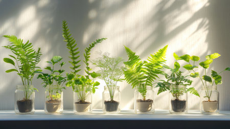 A collection of small fern plants in a terrarium, with the light casting soft shadows across the glass and leavesの素材