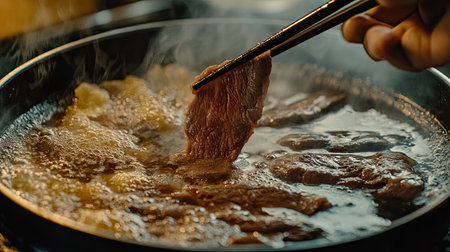 Hand with chopsticks picking up a slice of beef, ready to immerse it into a flavorful shabu pot filled with broth.の素材