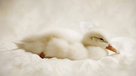 Duck resting peacefully on a soft white background, with its fluffy body and gentle gaze.の素材