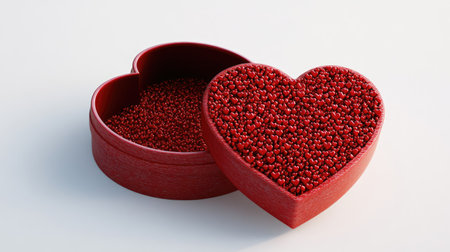 Heart-shaped gift box opened to reveal tiny red hearts, placed on a white background.の素材