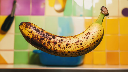 A close-up of an overripe banana with dark spots, set against a backdrop of colorful kitchen decorの素材