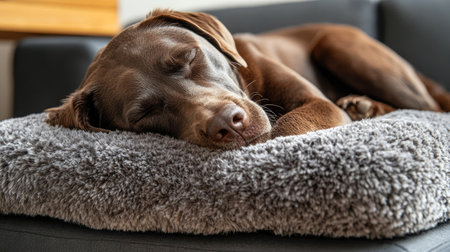 Dog sleeping soundly on a fluffy dog bed pillow, with a content and relaxed look on its face.の素材