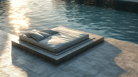 Elegant outdoor bed next to a swimming pool, perfect for relaxation with calm water and soft sunlight.の素材