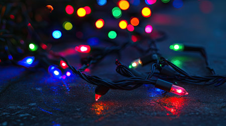Festive multicolored bokeh lights sparkling softly on a dark and dreamy night backdrop.の素材