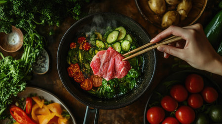 Hand with chopsticks lifting a slice of tender beef to dip into a hot shabu pot, surrounded by fresh vegetables.の素材