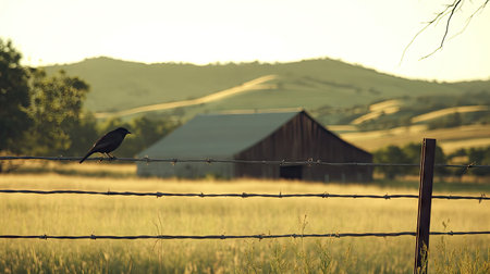 A bird on a wire in a rural area, with a barn and rolling hills visible in the backgroundの素材