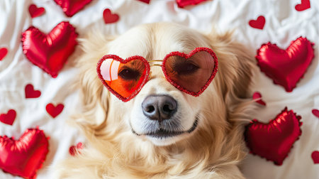 Golden retriever with heart-shaped sunglasses, surrounded by romantic Valentine props.の素材