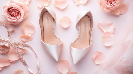 High heel wedding shoes with a unique design, surrounded by soft pink rose petals and wedding accessories.の素材