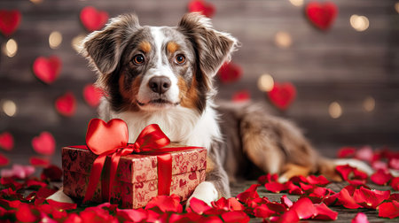 Dog posing with a Valentine's gift box tied with a ribbon, surrounded by rose petals.の素材