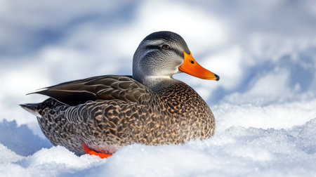 Duck sitting on a pure white surface, its bright orange beak and webbed feet clearly visible.の素材