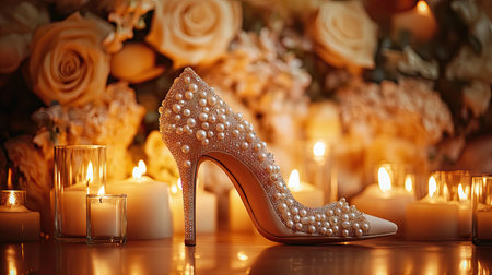 Glamorous high heel wedding shoes with pearls and rhinestones, set against a backdrop of candles and flowers.の素材