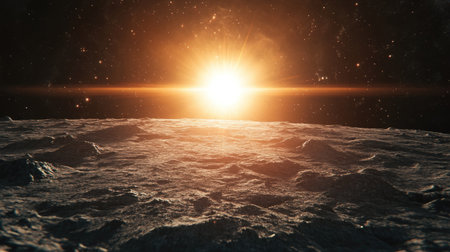 A realistic sun flare with a bright central glow, surrounded by subtle lens flares on a dark surface.の素材