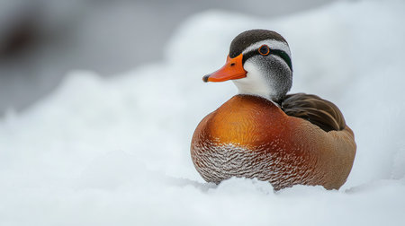 Duck sitting on a pure white surface, its bright orange beak and webbed feet clearly visible.の素材