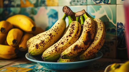 A bunch of overripe bananas with dark spots on the peel, surrounded by other fruits in a vibrant kitchen settingの素材
