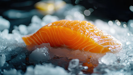 A close-up of a fresh raw salmon fillet resting on crushed ice, showcasing the vibrant orange color of the fishの素材