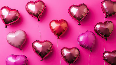 Heart-shaped balloons in various sizes, scattered across a vibrant pink background.の素材