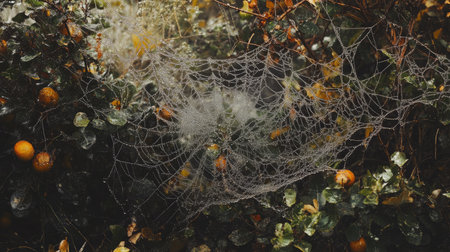 Detailed view of a spider web coated with dew, surrounded by soft focus morning foliage.の素材