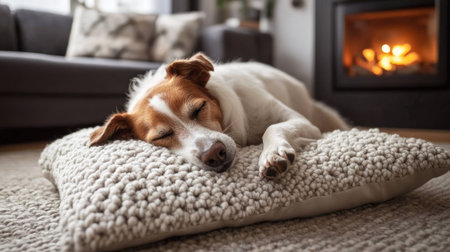 Fluffy dog lying soundly asleep on a soft, comfortable dog bed pillow in a cozy living room.の素材