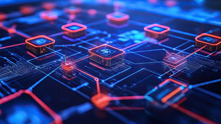 A decentralized ledger graphic with interconnected blocks glowing on a high-tech holographic interfaceの素材