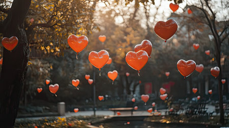 Heart-shaped balloons floating freely in a romantic park setting on Valentine's Day.の素材