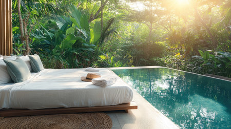 Empty bed placed beside a sparkling pool in an idyllic outdoor setting, inviting relaxation and peace.の素材