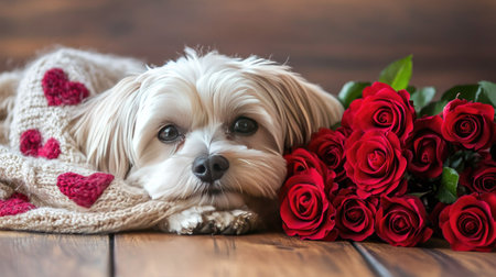 Fluffy dog resting next to a bouquet of roses, wearing a heart-patterned scarf.の素材