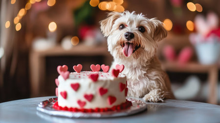 Dog sitting by a Valentine's Day cake decorated with tiny hearts, wagging its tail happily.の素材