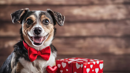 Happy dog wearing a red bow tie and posing next to a Valentine-themed gift box.の素材