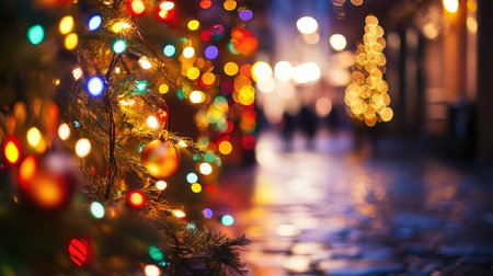 Festive multicolored bokeh lights sparkling softly on a dark and dreamy night backdrop.の素材