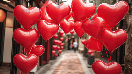 Large red heart balloons creating a festive archway at a Valentine's Day party.の素材