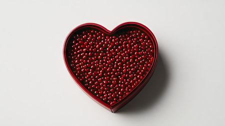 Heart-shaped gift box opened to reveal tiny red hearts, placed on a white background.の素材