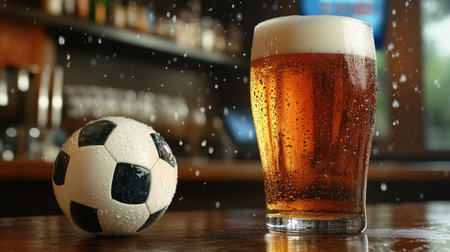 A pint of beer with condensation droplets, sitting next to a soccer ball in a modern sports bar.の素材