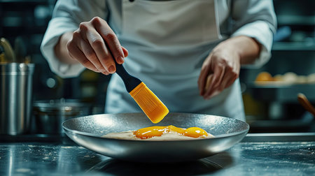A pastry chef applying egg yolk with a silicone brush to raw bread dough, ensuring a shiny, golden finish post-bake.の素材