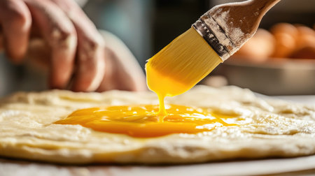 A pastry chef brushing egg yolk onto raw bread dough, ensuring an even coat before placing the dough in the oven.の素材