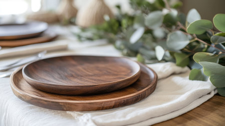 A rustic table setting with wooden plates, linen napkins, and natural decorations like eucalyptus leaves and pine branches.の素材