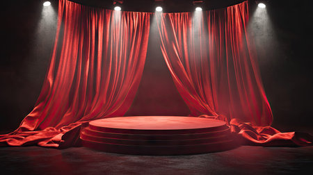 A podium wrapped in rich red silk on a large stage, with spotlights creating a sense of importance.の素材